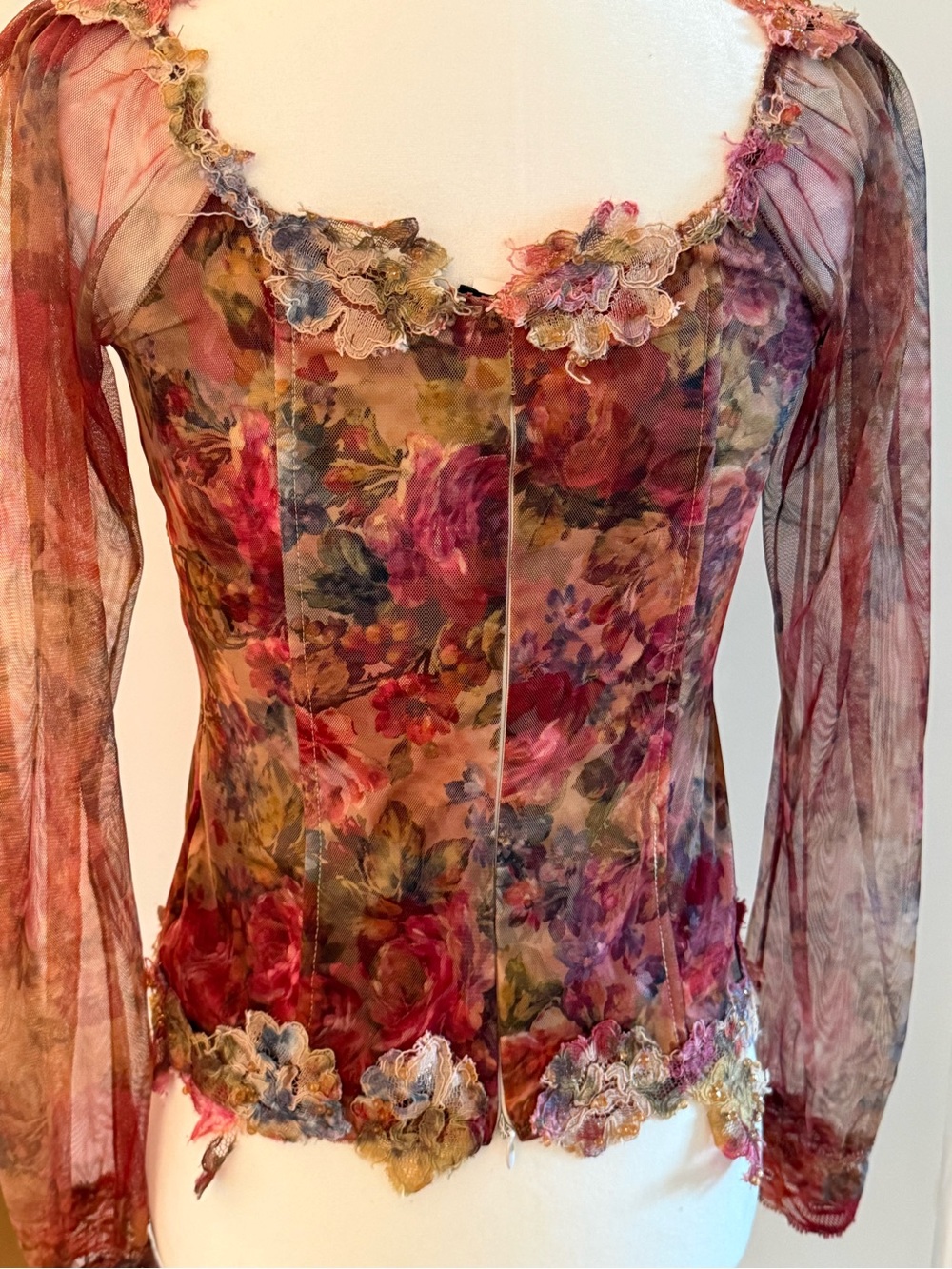 Floral Sheer Long-Sleeve Top in Burgundy Pink - Picture 4 of 5
